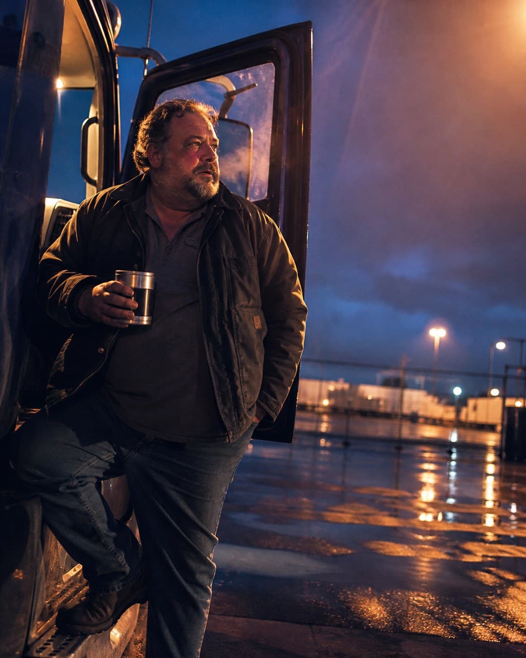 A driver in the doorway of his cab before dawn